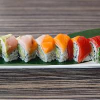 Rainbow Roll* · Tuna, avocado, salmon and shrimp topped on California roll.