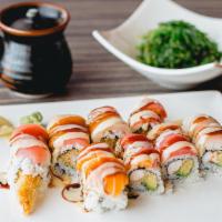 Ichiban Roll* · Tempura shrimp inside topped with tuna, yellowtail, salmon, avocado, wasabi mayo and eel sau...