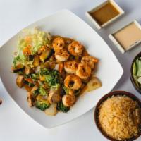 Shrimp Hibachi Dinner · Served with clear soup, house salad, vegetables, and your choice steamed or fried rice.