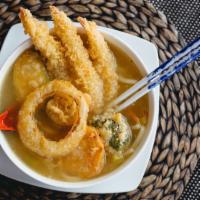 Tempura Udon Dinner · Noodle soup served with tempura shrimp and tempura vegetables (on the side). Served with hou...