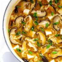 Hot and Sour Soup · Tofu, mushroom, onion, egg, cabbage, carrot in spicy chicken broth