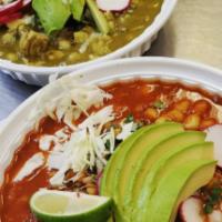 Red or Green Pozole · 24 oz. Traditional Mexican soup made from hominy with meat.