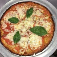 Margherita Pizza · 8 slices. Thin crust, fresh mozzarella, fresh garlic, sliced tomato and basil.