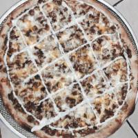 Chicken Bacon Ranch Pizza · 8 slices. Pieces of tender chicken cutlet, mozzarella and American cheese topped with bacon ...