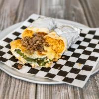 Chile Relleno Burrito · Chile relleno, refried beans, mixed cheese and bad azz sauce on flour tortilla.
