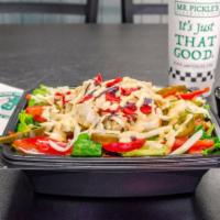 Santa Fe Salad · Chopped romaine, chicken breast, jalapeños, red bell peppers, avocado, tomato, pepper jack, ...