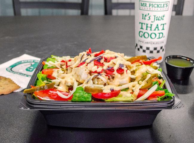 Santa Fe Salad · Chopped romaine, chicken breast, jalapeños, red bell peppers, avocado, tomato, pepper jack, tortilla strips, with our signature baja ranch dressing.