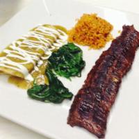 Tampiquena · Steak, cheese enchilada with tomatillo sauce, and Mexican rice and spinach as accompaniment. 