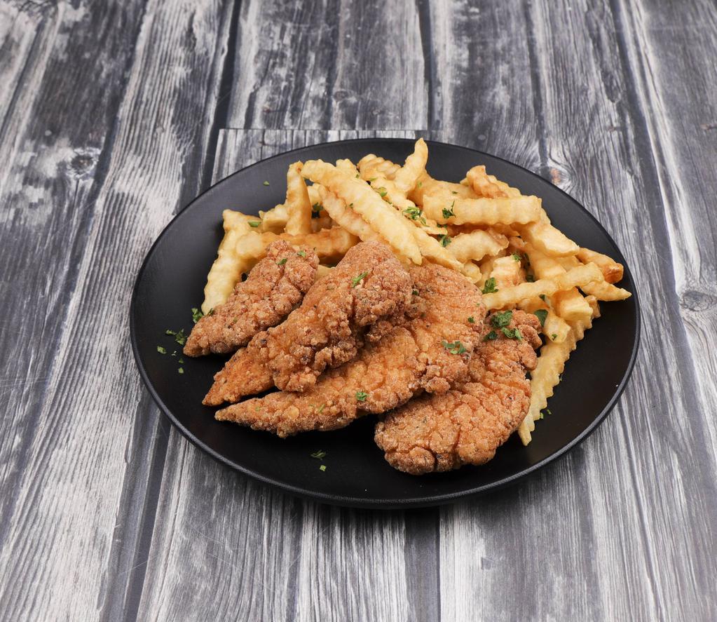 Chicken Strips · Home-style peppercorn chicken tenders fried to perfection. Served with french fries and your choice of ranch, BBQ or honey mustard. Includes choice of side.
