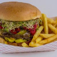 Jersey Burger, Fries and a drink · A 5 ounce all beef patty. Comes with Lettuce, tomato, yellow mustard and ketchup.