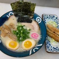 Shio Ramen · Tonkotsu pork broth, with soft boiled egg, in straight noodles with homemade roast pork, sal...