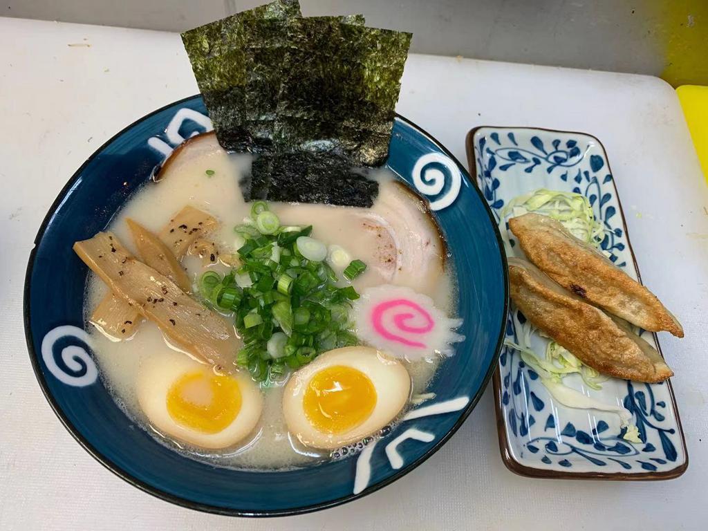 Shio Ramen · Tonkotsu pork broth, with soft boiled egg, in straight noodles with homemade roast pork, salt sauce, menma, green onion, seaweed chip.