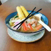 Seafood Udon Soup · Prawn Shrimp, tempura shrimp, scallops, squid, Naruto, broccoli, mushrooms, carrot & zucchin...