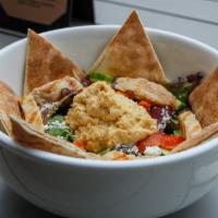 Hummus Grilled Chicken Salad · Spring mix, cucumber, goat cheese, roasted red pepper, toasted pita and white balsamic vinai...
