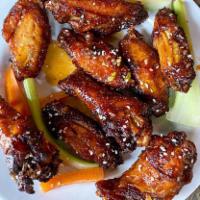 Smoked Wings (12) · Carrot, celery, blue cheese. Choice of Buffalo, chipotle, BBQ, Honey/Sriracha/Garlic or Sesa...