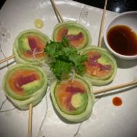 Yama Lollipop Roll  · Salmon, tuna, avocado. Cucumber wrapper no rice, homemade ponzu sauce side