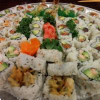 A. Maki Combo Tray · 12 pieces California, 10 pieces ebi tempura, 12 pieces spicy tuna, 6 pieces tuna avocado, 6 ...