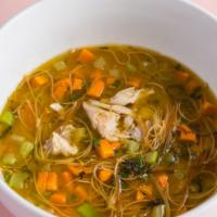 Chicken noodle soup · Traditional chicken, carrots, celery, onion,
garlic, jalapeño, fennel, scallions, angel hair