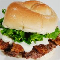 Bacon Bleu Cheeseburger · The Ground Steak Burger topped with crispy bacon, bleu cheese dressing
