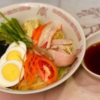 Hiyashi(Cold) · Cold. Crab, cucumber, seaweed, tamago, tomato, carrot, eggs.