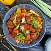  Nutty Chicken · Crispy chicken, cashew nuts, bell peppers, onions, dried chili in roasted chili sauce. Subst...