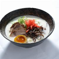 Tengu Tonkotsu Ramen · Chashu, green onion, ginger,, egg, corn,bamboo, tonkatsu soup with thin noodle.