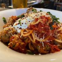 Spaghetti and Meatballs · Baby meatballs, pomodoro, stracciatella, reggiano, chili oil