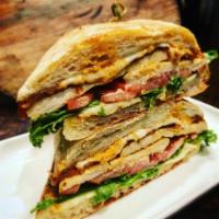 Grilled Chicken Club · Grilled chicken with lettuce, tomato, red onion, bacon and a chipotle mayo on ciabatta