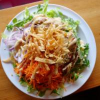 Asian Sesame Chicken Salad · Marinated grilled chicken, sesame seeds, mixed greens, shredded carrots, red onions, crispy ...