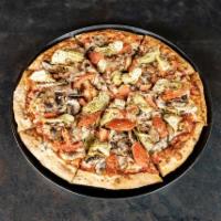 Perfect Game Pizza · Mozzarella cheese, fresh garlic, basil, mushrooms, tomato and artichoke hearts. Vegetarian.