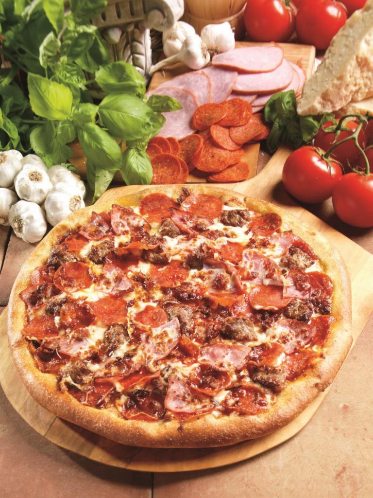 All Meat Pizza · Classic pepperoni, ham, Italian sausage, bacon, signature sauce and 3 cheese blend.