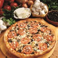 Garden Pizza · Mushrooms, black olives, onions, sliced tomatoes, signature sauce and 3 cheese blend and plu...