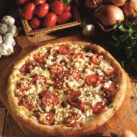 White Cheezy Pizza · Bacon, onions, sliced tomatoes, garlic parmesan sauce and 3 cheese blend and plus feta.