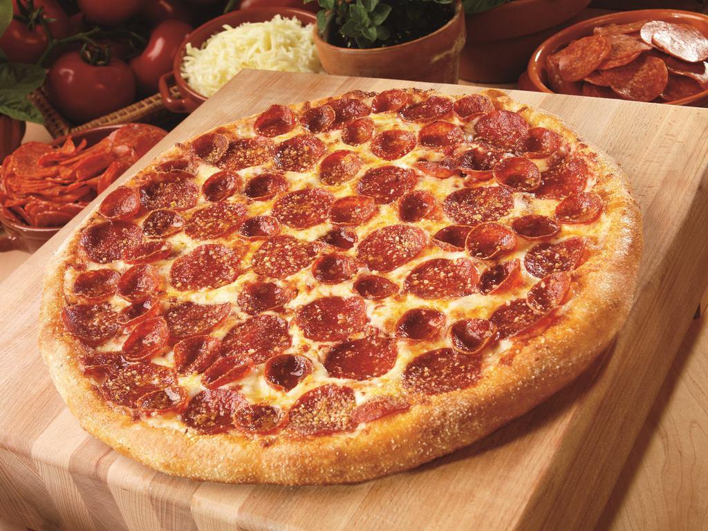 Pepperoni Magnifico Pizza · Classic pepperoni, old world pepperoni, signature sauce and 3 cheese blend. Served with Romesan seasoning on original crust.