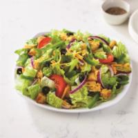 Regular Garden Salad · Fresh cut lettuce, cheddar cheese, black olives, red onions, green peppers, sliced tomatoes ...