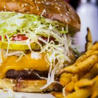 WCG Cheeseburger · Sharp cheddar cheese, lettuce, tomato, diced onion, pickles and mayonnaise.
