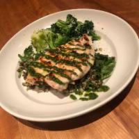 Grilled Chicken Pesto  · Marinated chicken breast over a bed of brown rice quinoa with arugula, pumpkin seed pesto an...