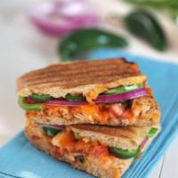 Spicy Chicken Panini - Full · Spicy chicken breast, cheddar cheese, red onion, green pepper, salsa, jalapeños. 176-352 cal.