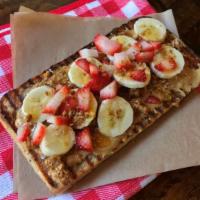 Peanut Butter & Banana  (and Strawberry!) Toast · Peanut Butter with Banana and strawberries granola & honey drizzle.  Perfect for kids an...