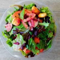 Fresh Greens Salad · Romaine lettuce, spring mix, cucumber, tomato, red onion, beets, croutons, citrus vinaigrette