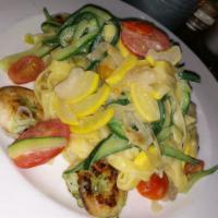 Fettuccine con Gamberi e Zucchine · Fettuccine with shrimp, yellow squash, zucchini, shallots, and grape tomatoes, sauteed in ex...