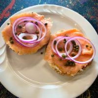 Lox Bagel · Lox, cream cheese, red onions and capers.