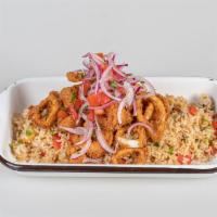 Jalea Rice · Wok rice with sweet plantains, red bell peppers, green onions, deep-fried calamari, shrimp a...