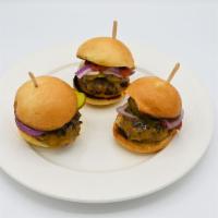 Beef Sliders · 3 fresh natural angus chuck sliders on brioche buns with cheddar cheese, mayo, ketchup, red ...