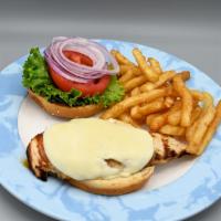 Marinated Natural Chicken Breast Sandwich · Soy sauce-pineapple marinated all natural chicken breast grilled and served on a sesame bun ...