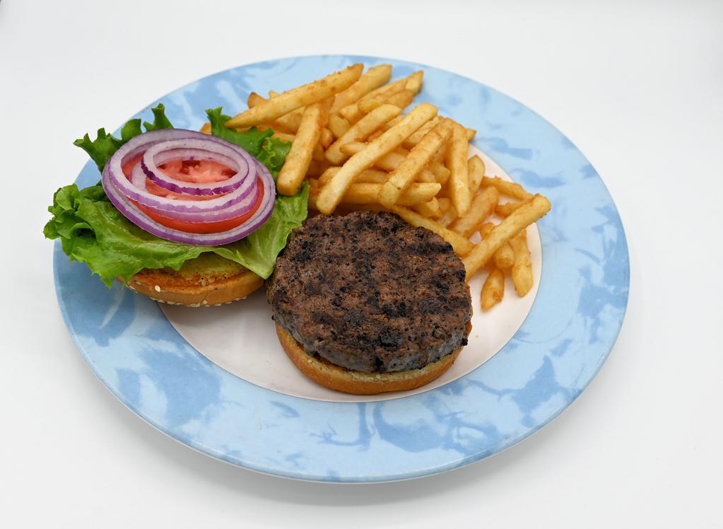 Angus Burger · Our signature hand-formed half pound fresh Angus chuck burger grilled to order, served on a sesame bun with lettuce, tomato, onion, and fries.