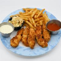 Chicken Tenders · Homemade breaded to order, golden fried all natural chicken tenders with fries, coleslaw and...