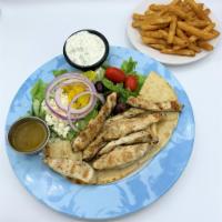 Chicken Platter · Traditional Greek platter with grilled chicken breast, toasted pita, lettuce, tomatoes, onio...