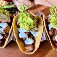 Blackened Chicken Tacos · 3 Tacos. Blackened chicken, Sofia’s secret guacamole and cilantro-lime crema.