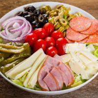 Rosati's Antipasto Salad · Romaine and iceberg lettuce, spinach leaves, green peppers, red onions, black and green oliv...